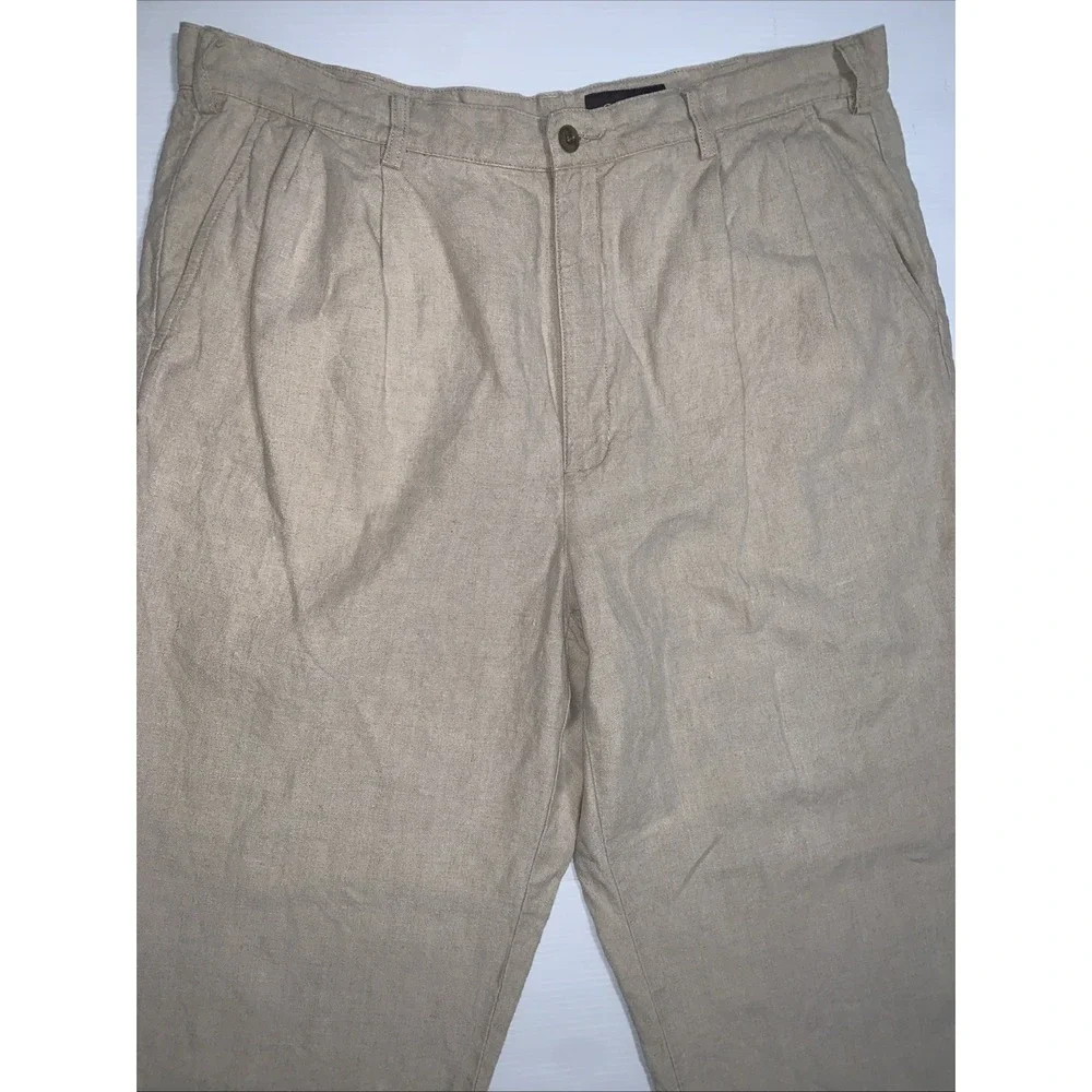 Eddie Bauer 100% Linen Pants Mens 38 Tall Cuffed Pleated Tan Casual Resort 38x32